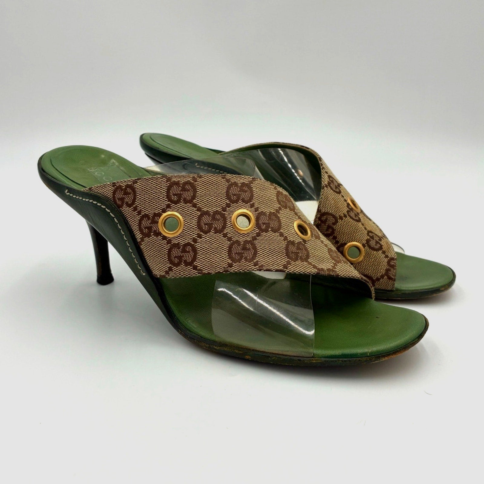 8.5 Vintage GG Monogram Canvas PVC Green & Brown Mules