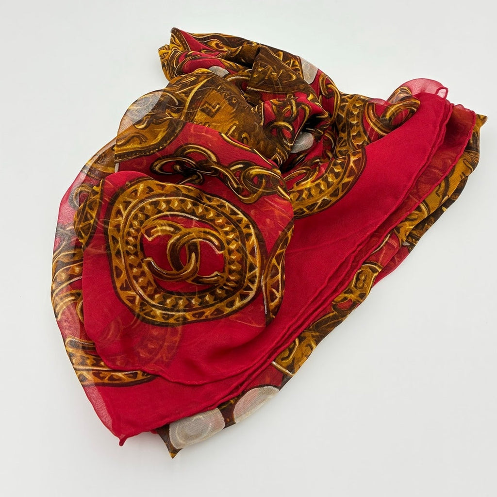 51" Vintage Silk Chain & Coin Red & Gold Square Scarf