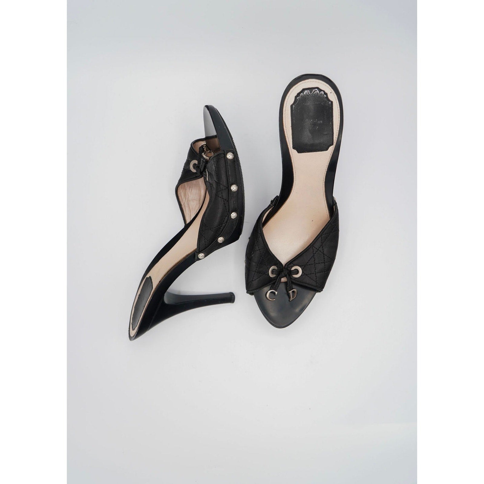 Vintage Black Quilted Open-Toe Mules CD Charm