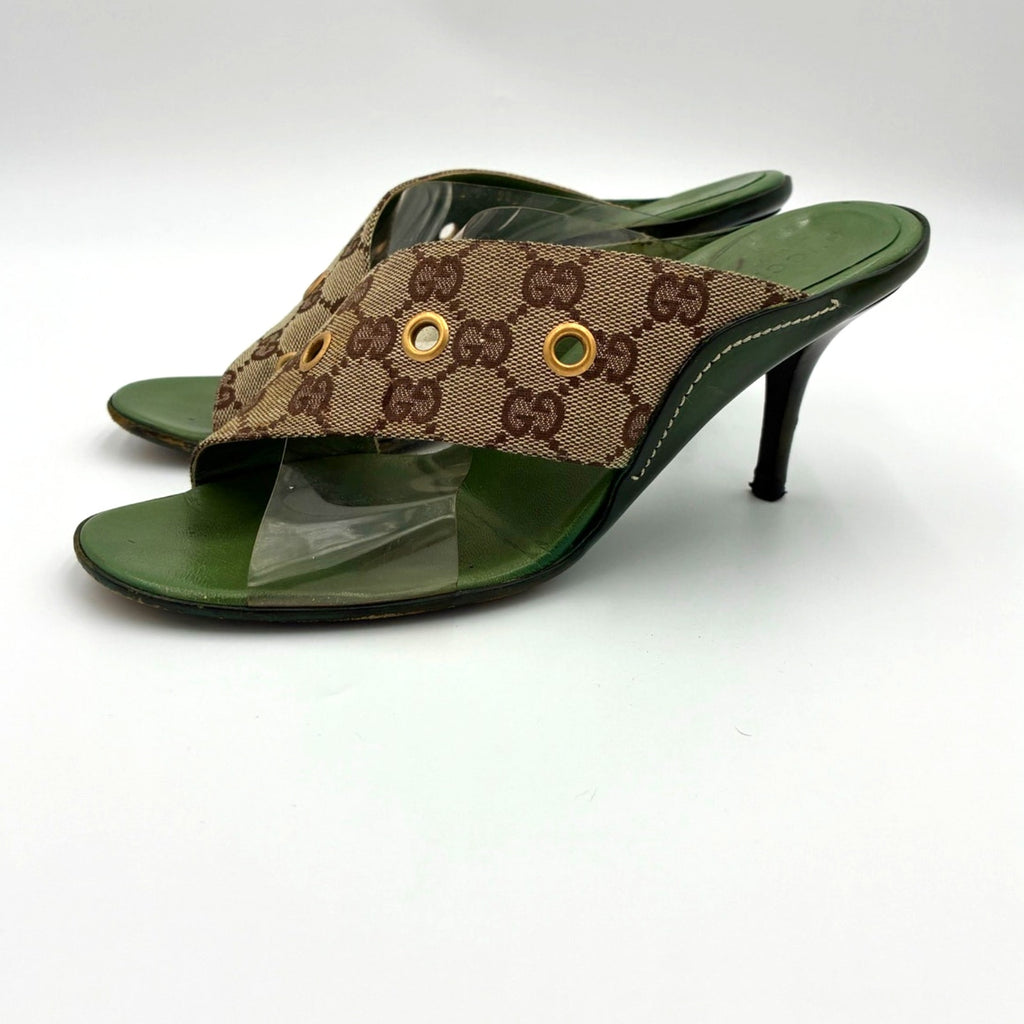 8.5 Vintage GG Monogram Canvas PVC Green & Brown Mules