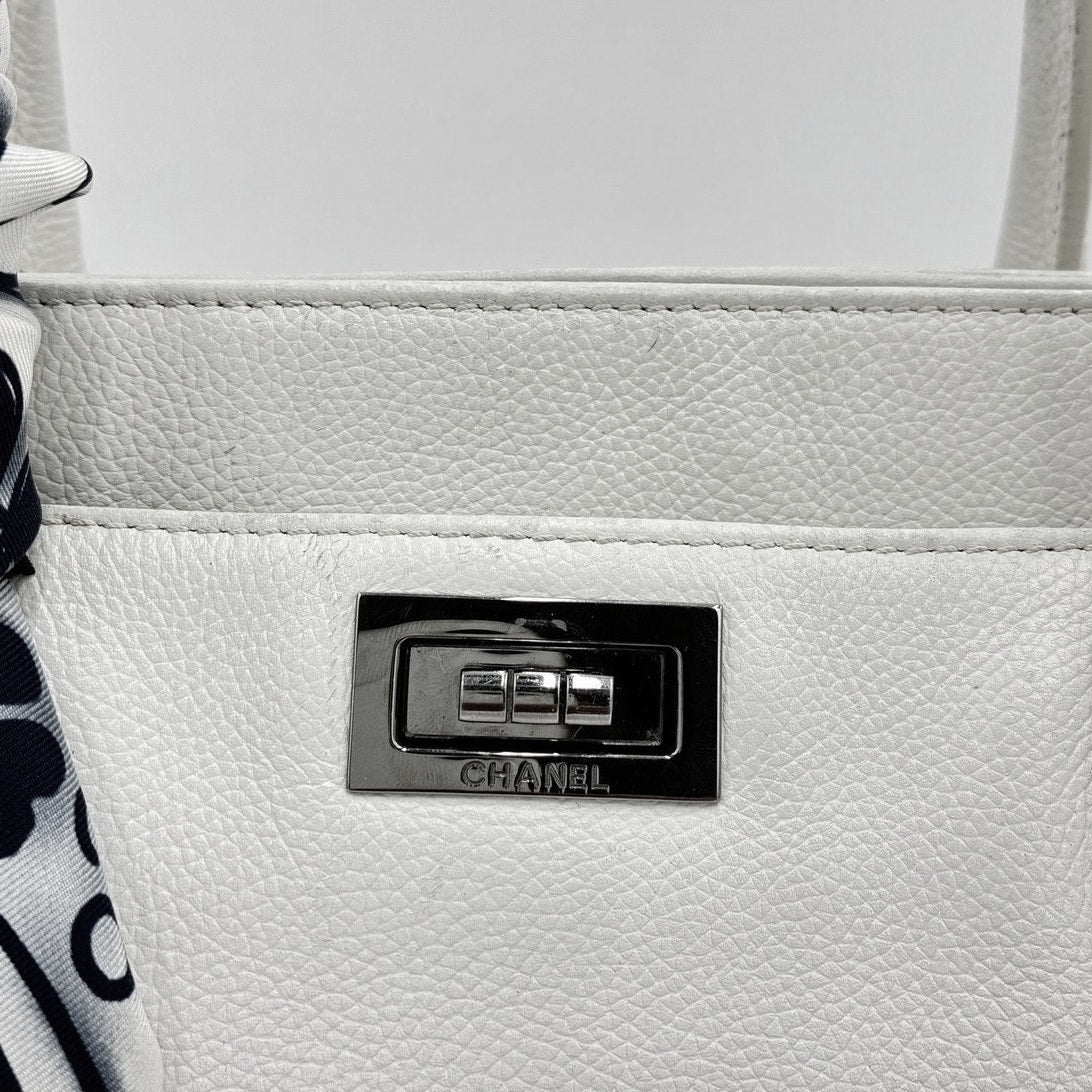 Executive Tote White Caviar Leather Silk CC Twilley