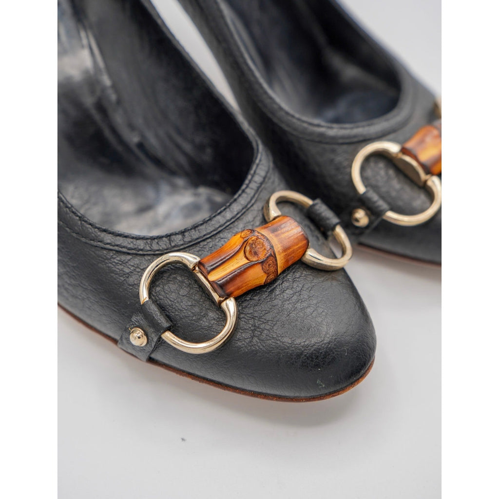 Vintage Black Bamboo Accent Leather Pumps
