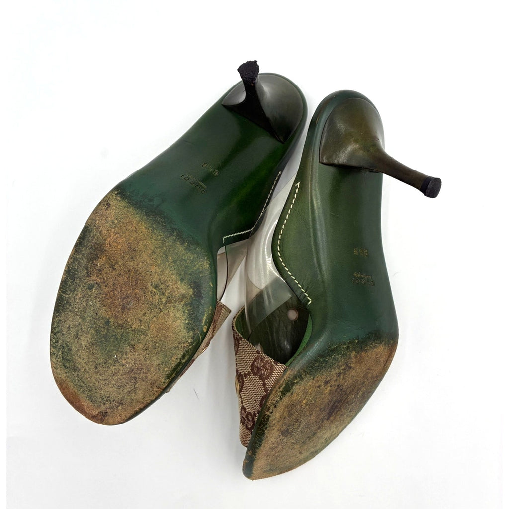 8.5 Vintage GG Monogram Canvas PVC Green & Brown Mules