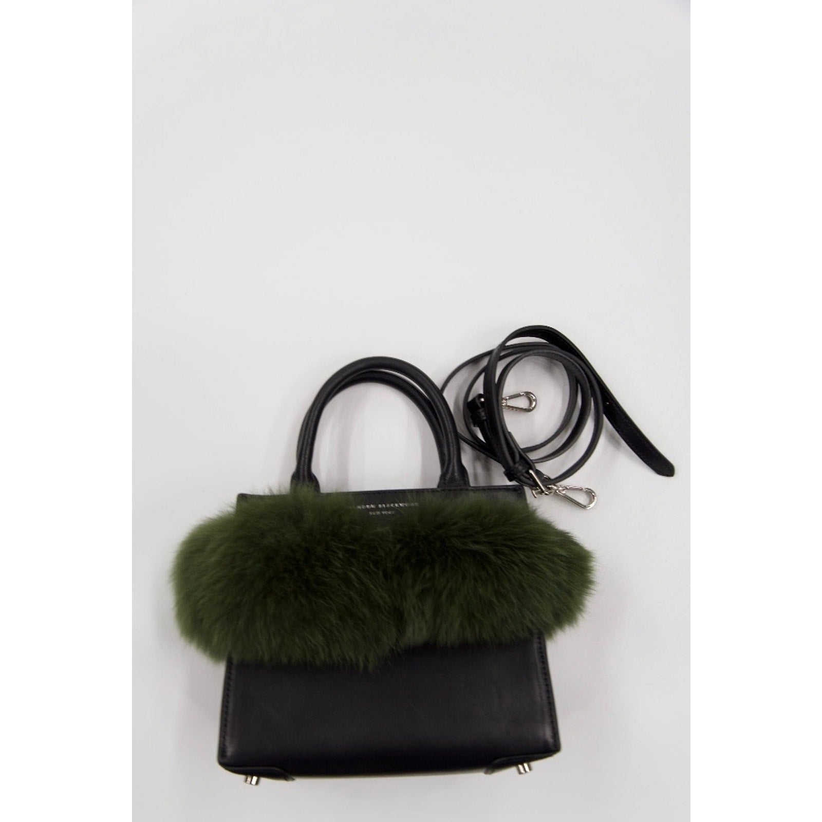 Mya Green Faux Fur Trimmed Black Leather Crossbody Bag
