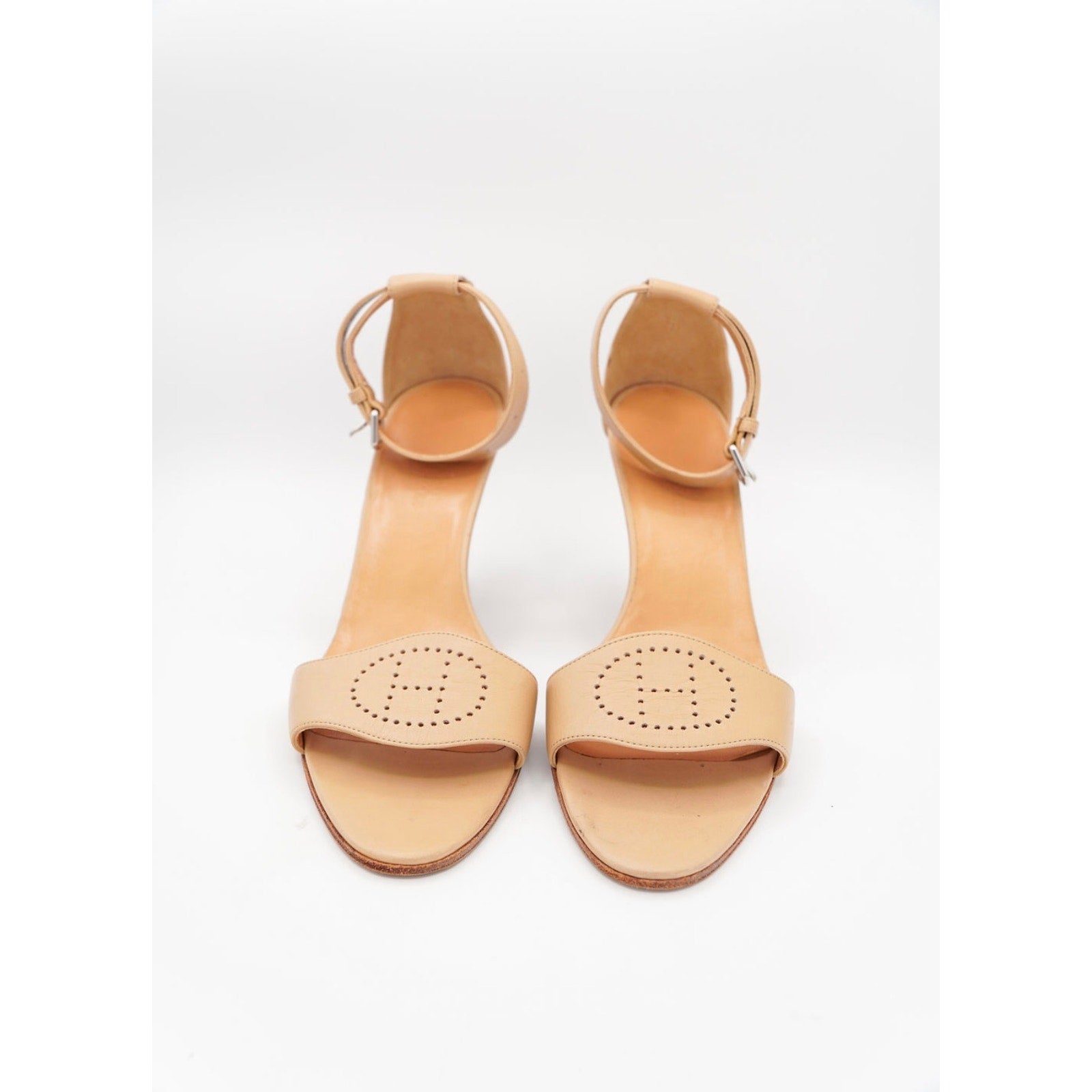 H Logo Nude Leather Wrap Wedge Sandals