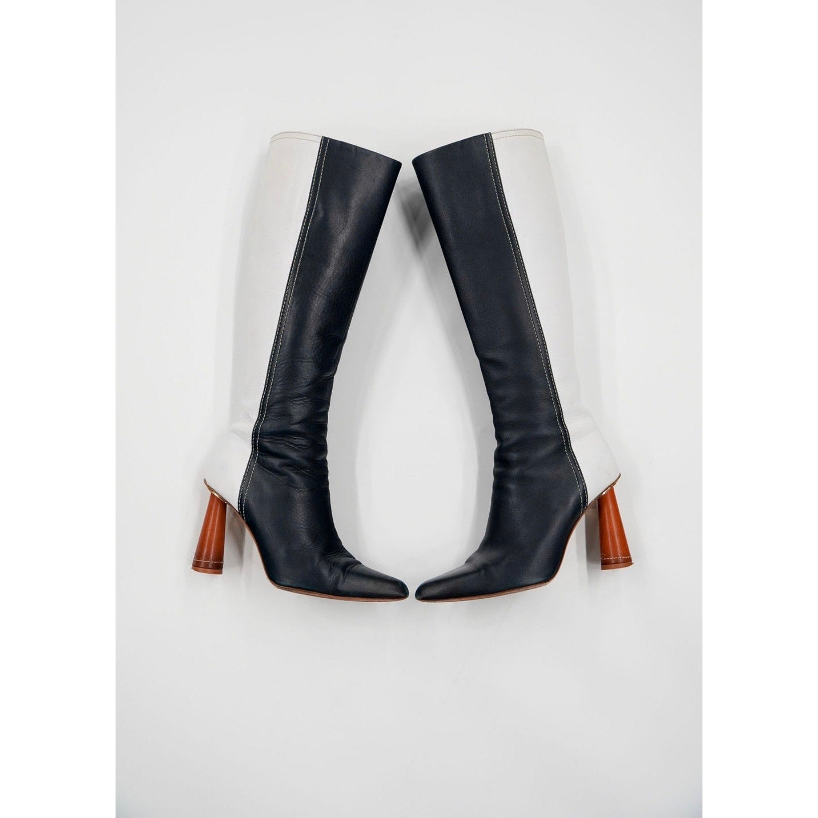 Blue & White Leather Knee-High Boots