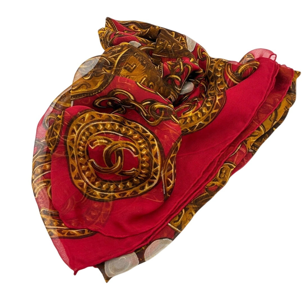 51" Vintage Silk Chain & Coin Red & Gold Square Scarf