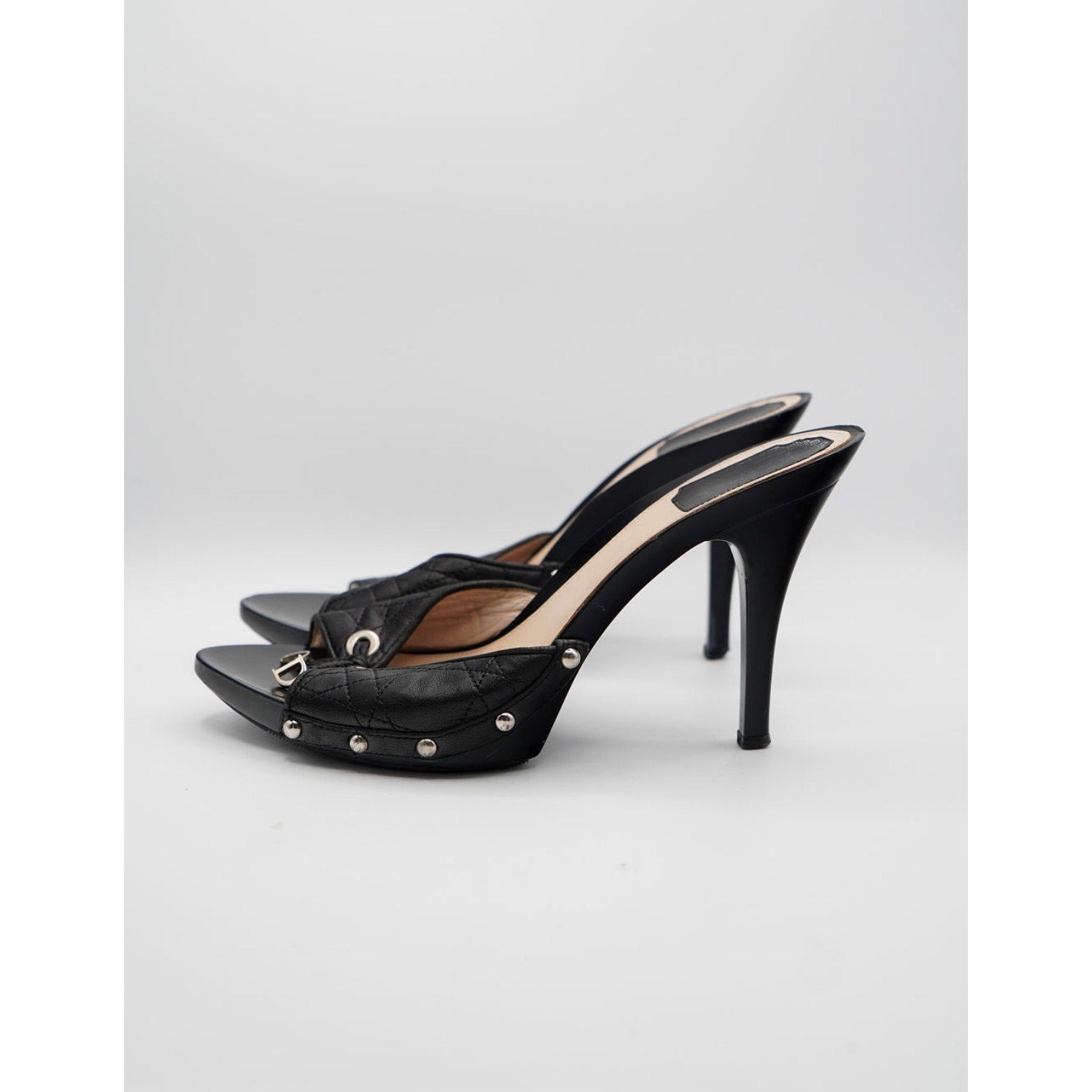 Vintage Black Quilted Open-Toe Mules CD Charm