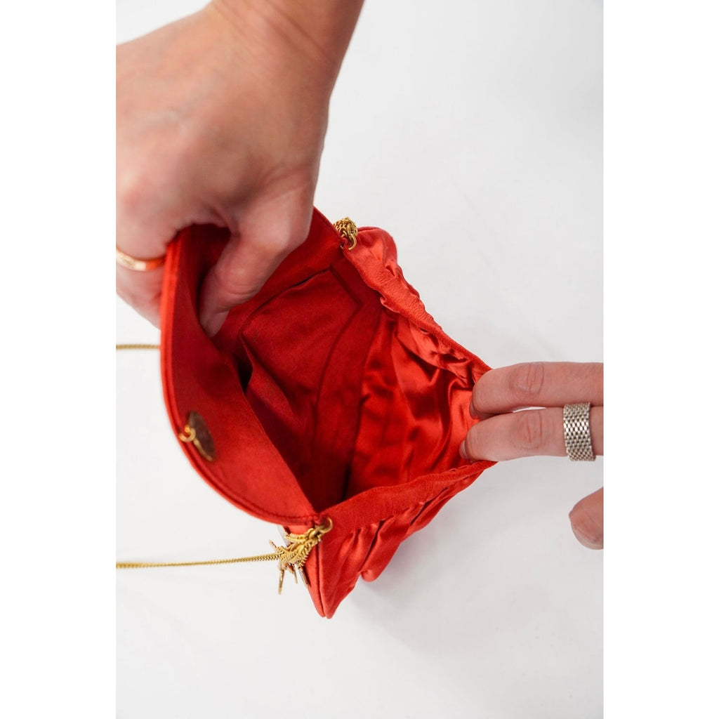 Vintage Red Satin Gold Coin Charm Chain Shoulder Bag