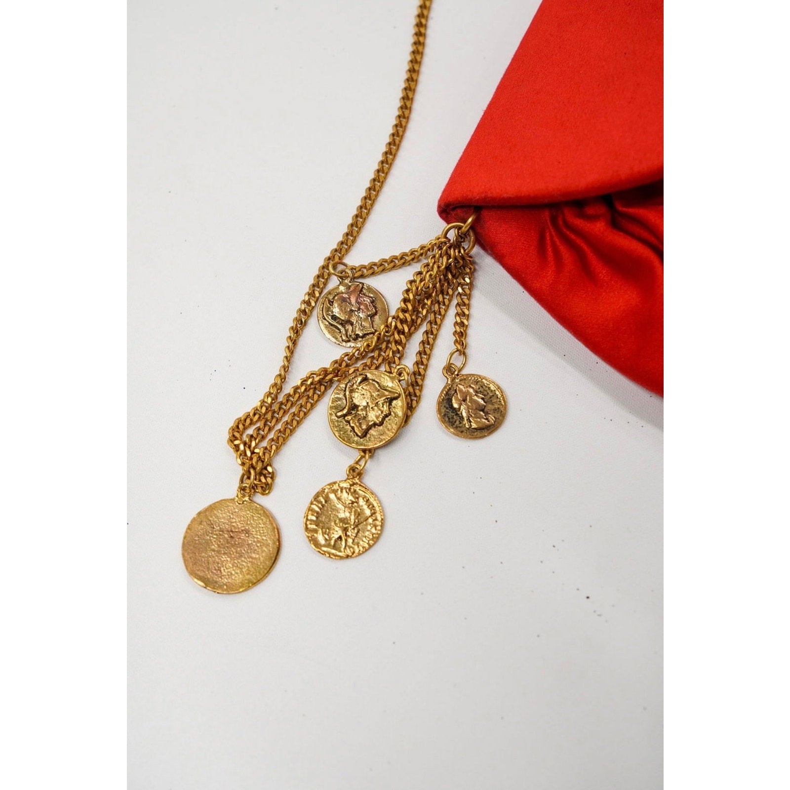Vintage Red Satin Gold Coin Charm Chain Shoulder Bag