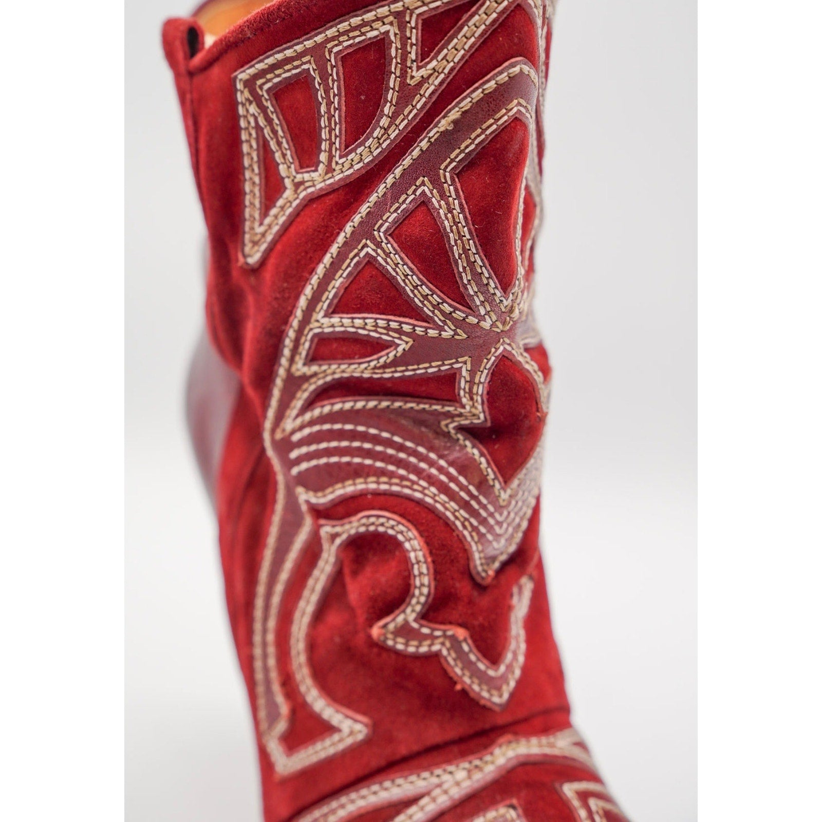 Suede & Leather Red Embroidered Ankle Bootie