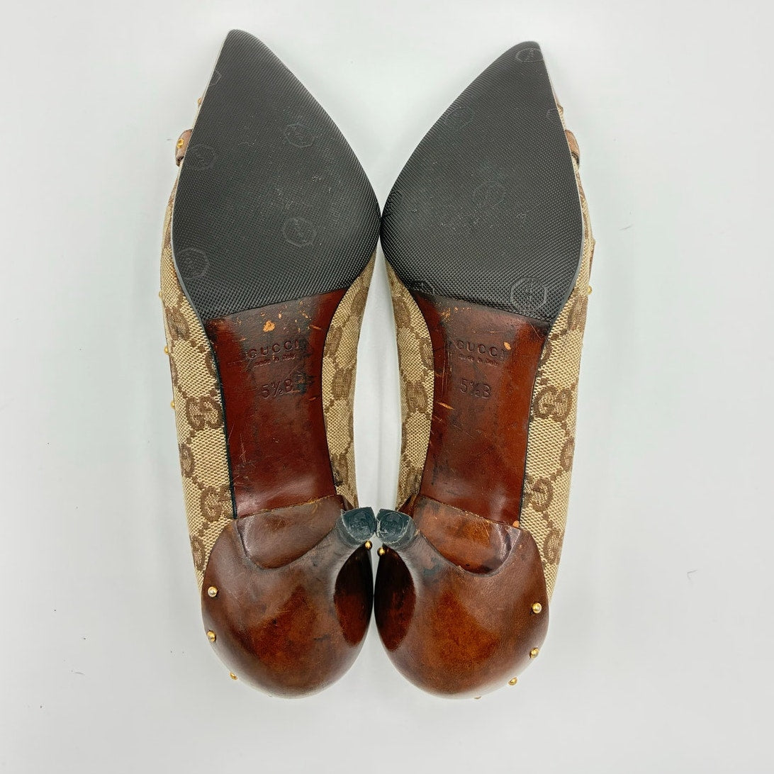 GG Canvas Horsebit Studded Pumps Brown Leather Trim