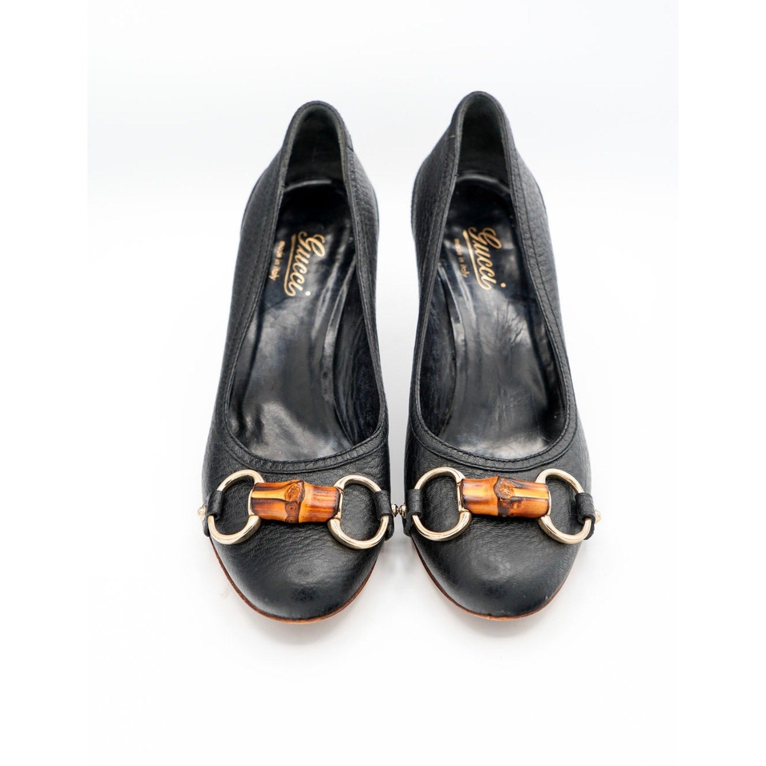 Vintage Black Bamboo Accent Leather Pumps
