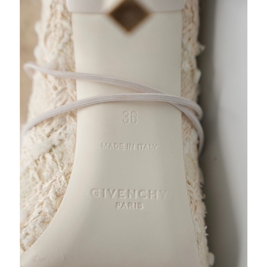 White Pointed-Toe Lace-Up Tweed Mules