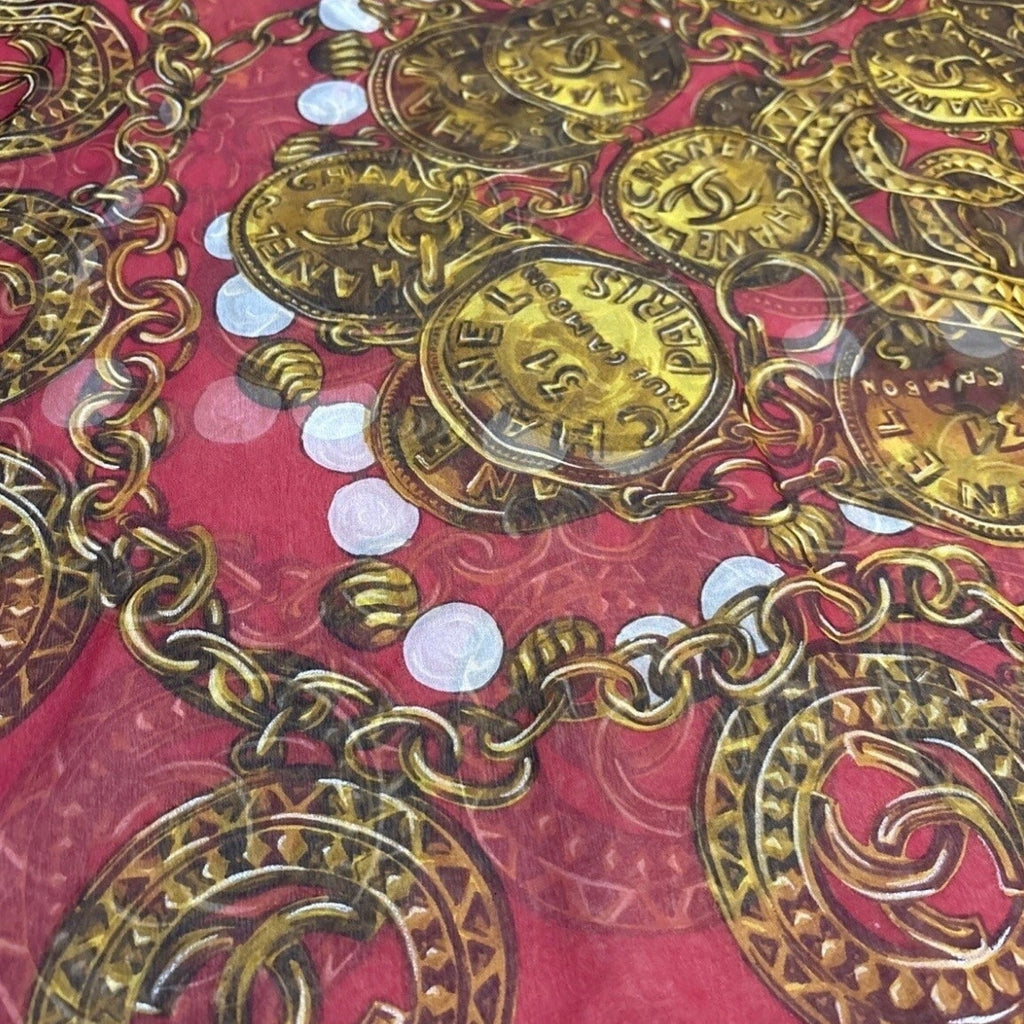 51" Vintage Silk Chain & Coin Red & Gold Square Scarf