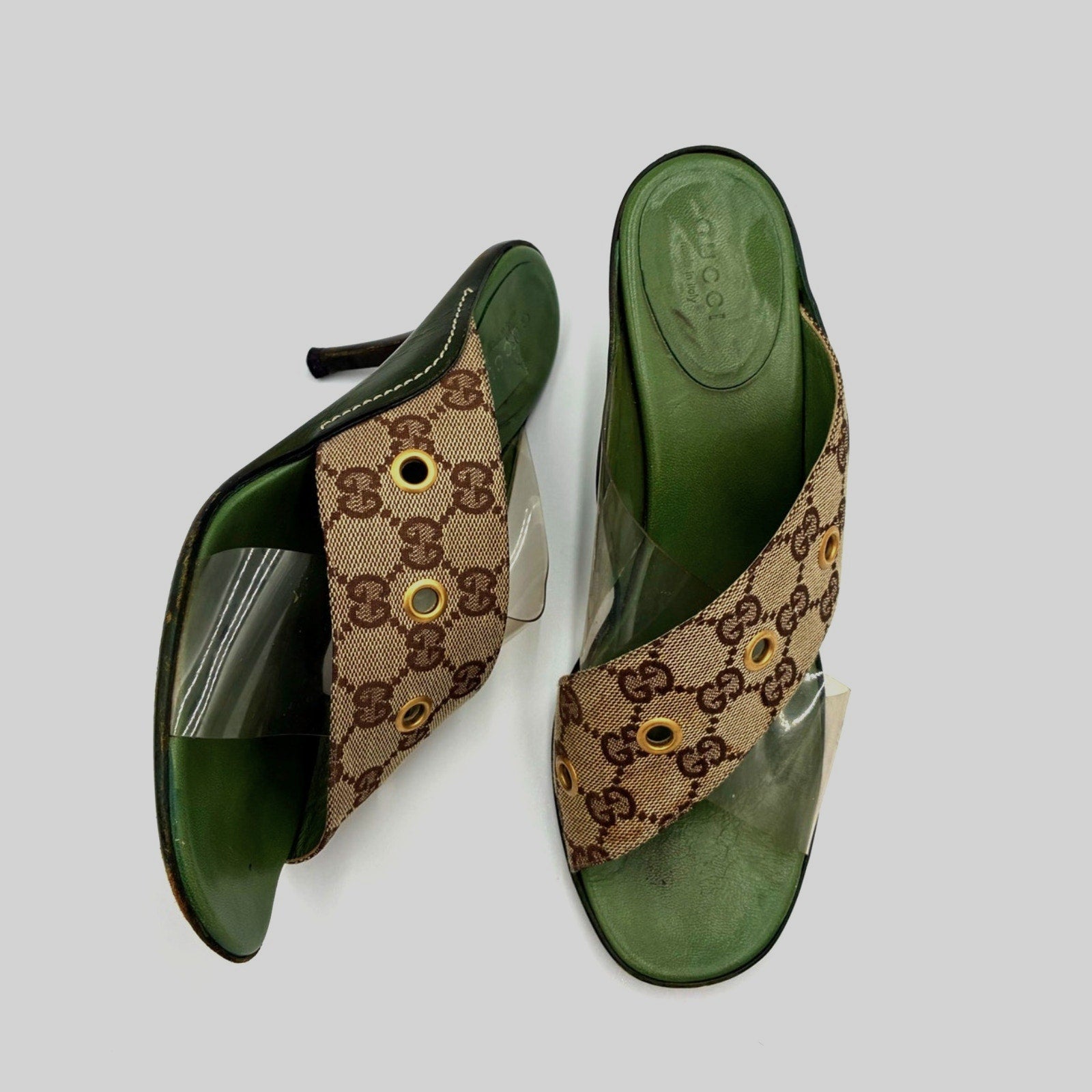 8.5 Vintage GG Monogram Canvas PVC Green & Brown Mules