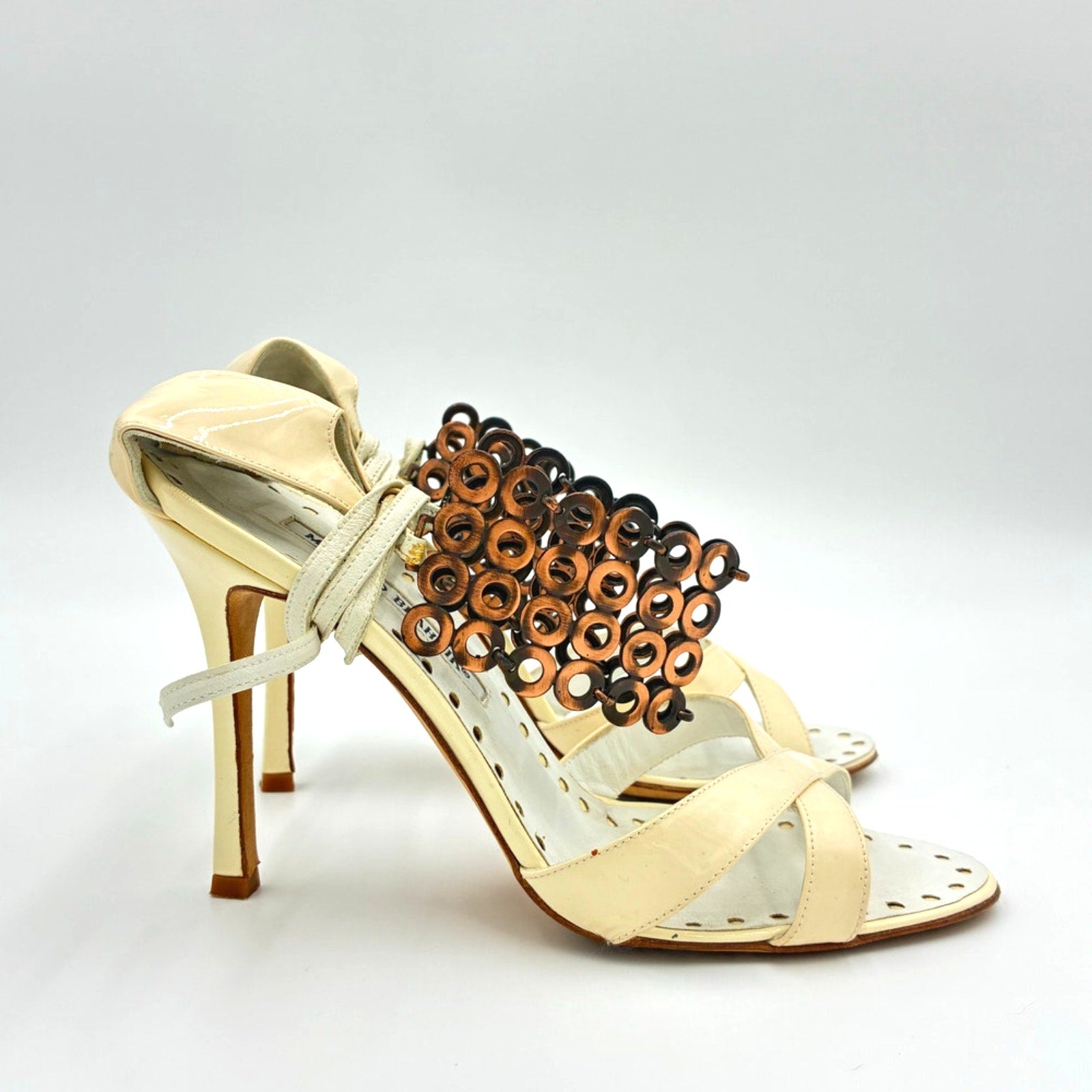 White Patent Leather & Bronzed Metal Wrap Sandals Heels