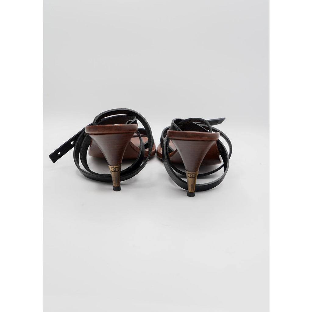 Vintage Black Leather Interlocking CC Strappy Sandals