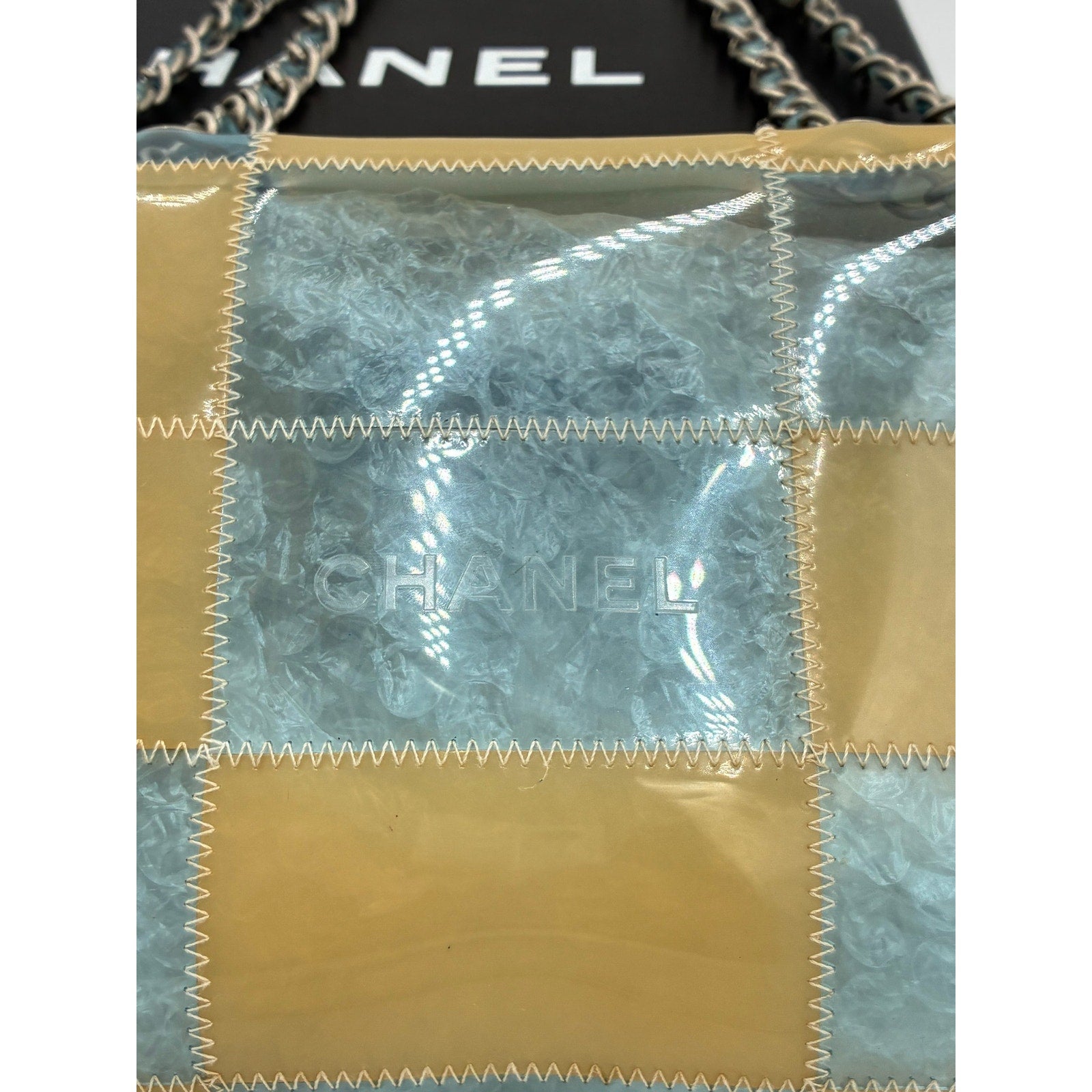 CC Chocolate Bar Blue/Beige Chain Shoulder Bag