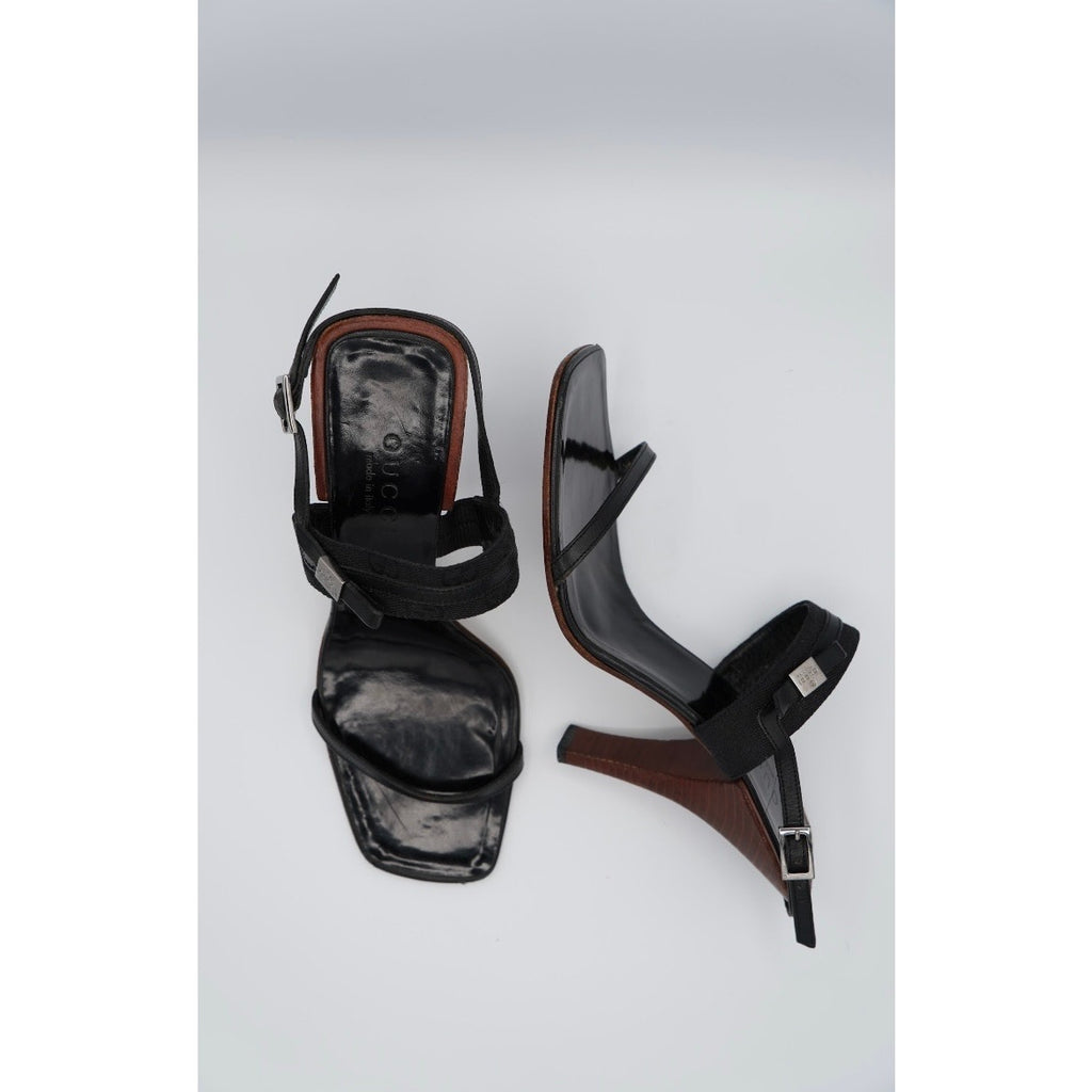 GG Black Canvas Leather Slingback Heels