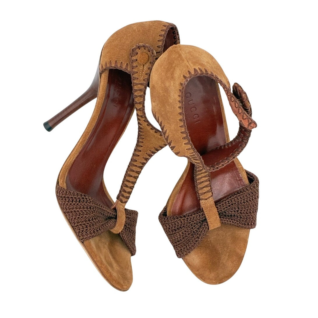 Vintage Brown Suede T-Strap Sandals Heels