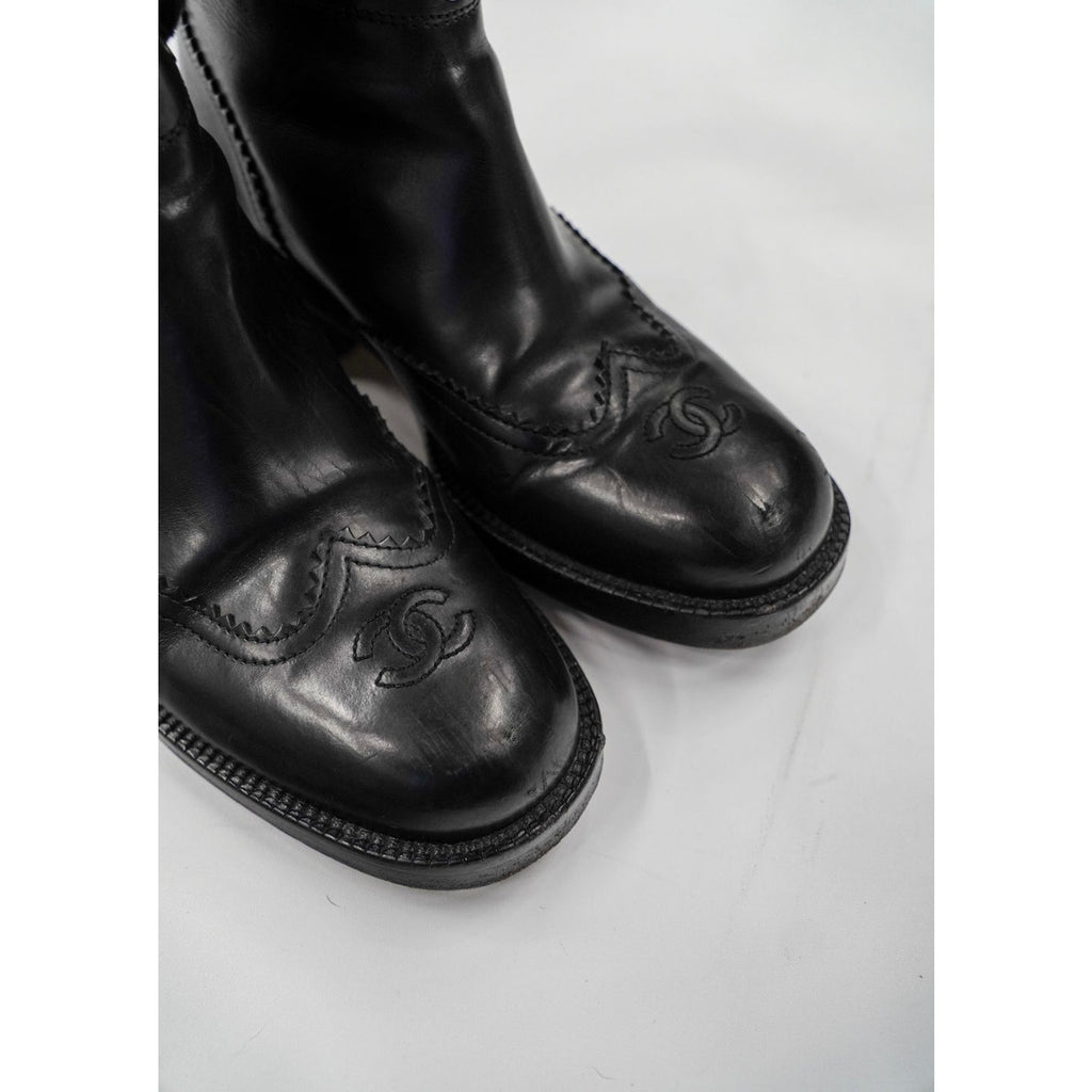 Black Calfskin Interlocking CC Riding Boots