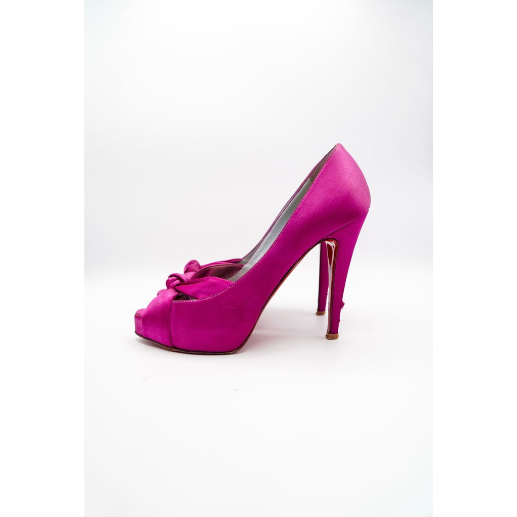 Pink Satin Bow Peep-Toe Platform Pumps