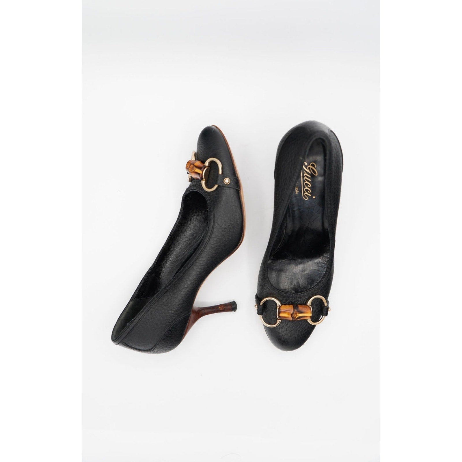 Vintage Black Bamboo Accent Leather Pumps