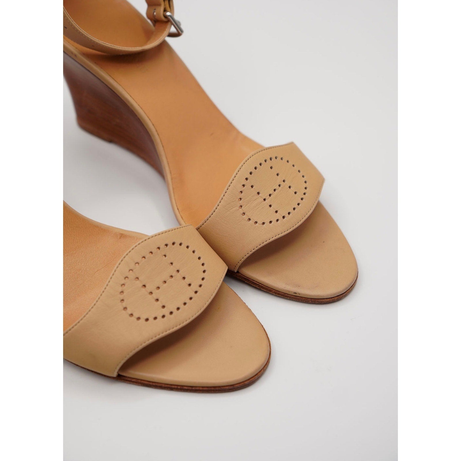 H Logo Nude Leather Wrap Wedge Sandals