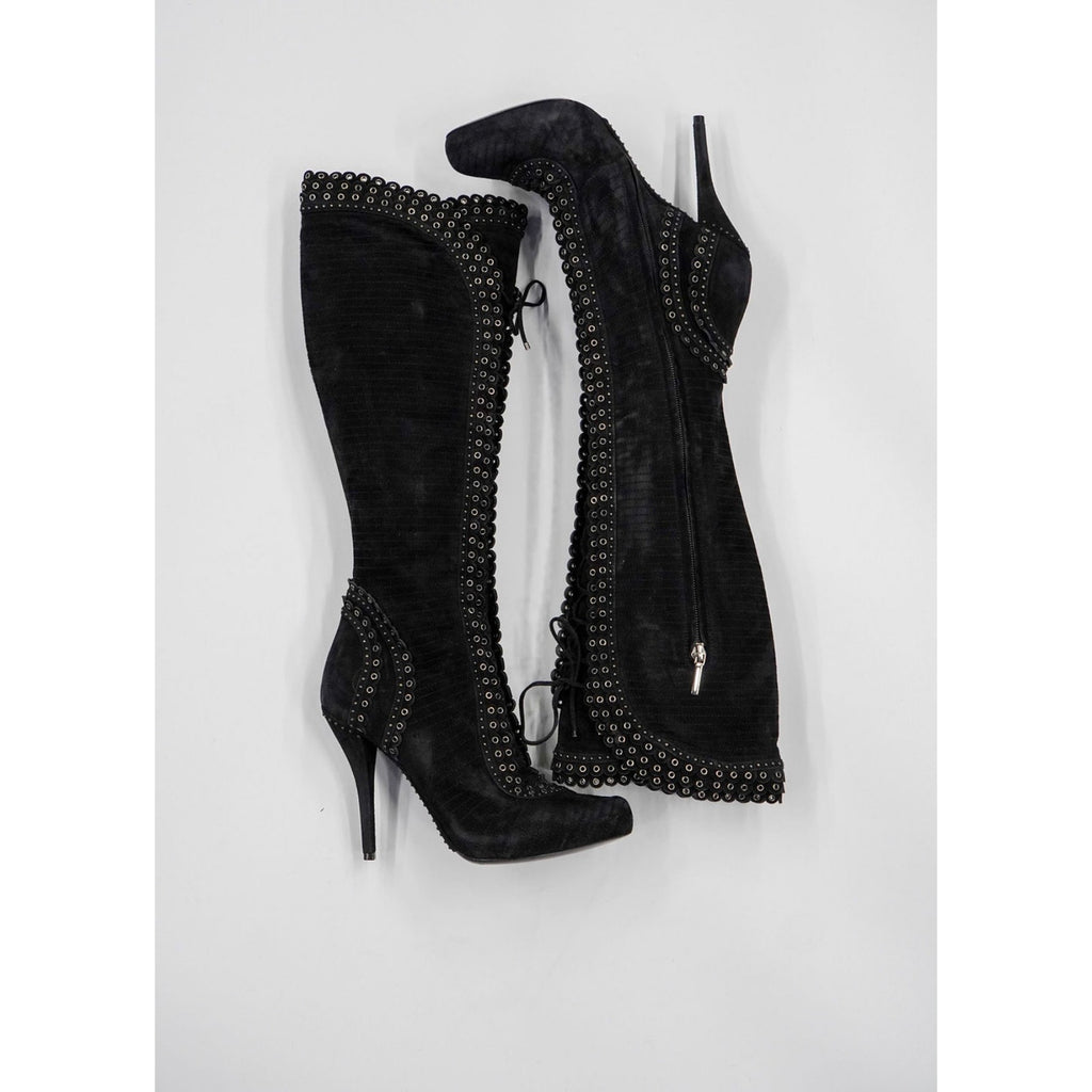 Vintage Black Suede Knee-High Lace-Up Boots by John Galliano