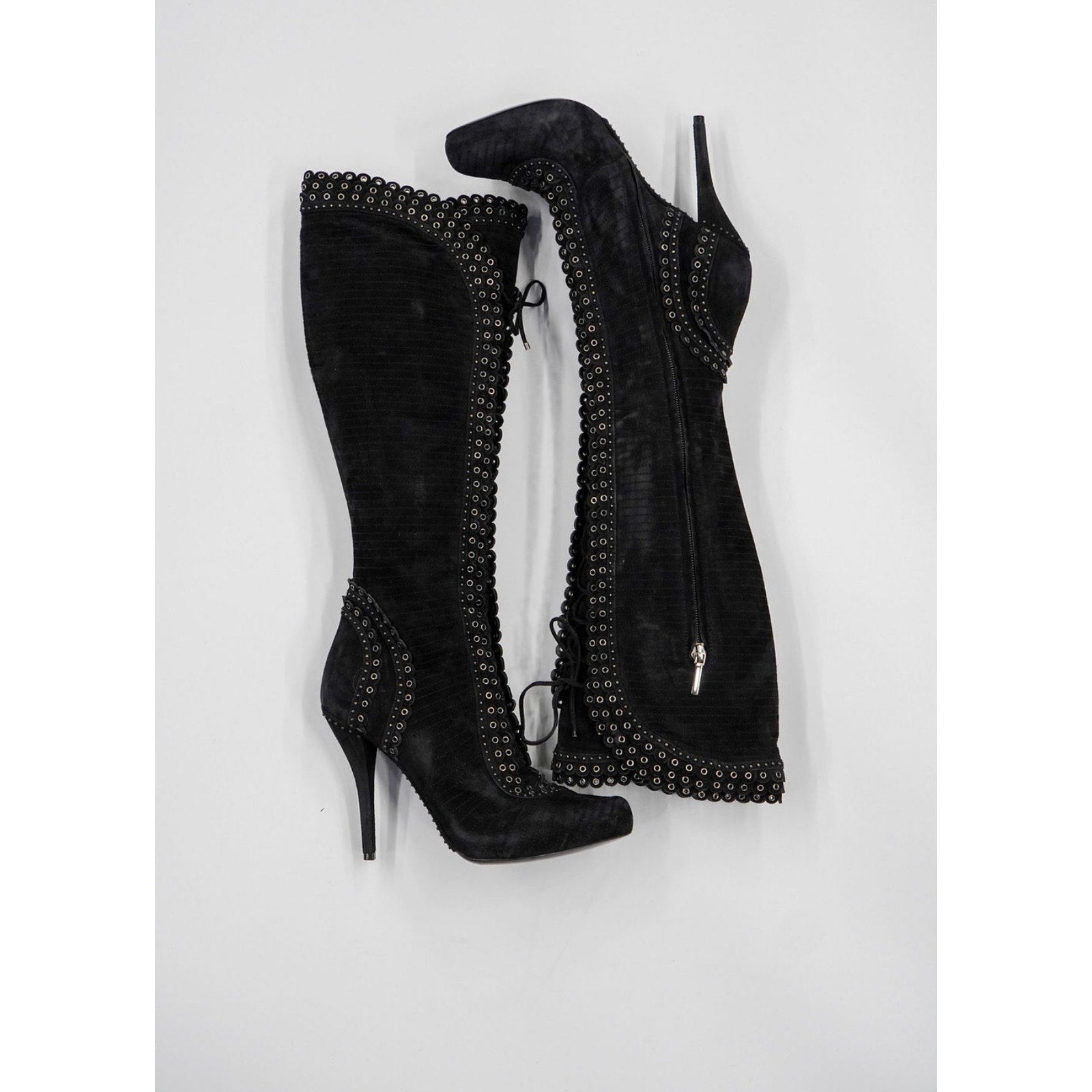 Vintage Black Suede Knee-High Lace-Up Boots by John Galliano