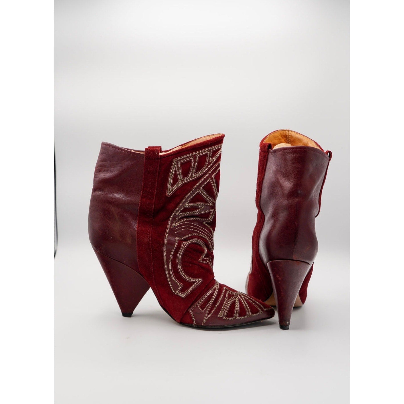 Suede & Leather Red Embroidered Ankle Bootie