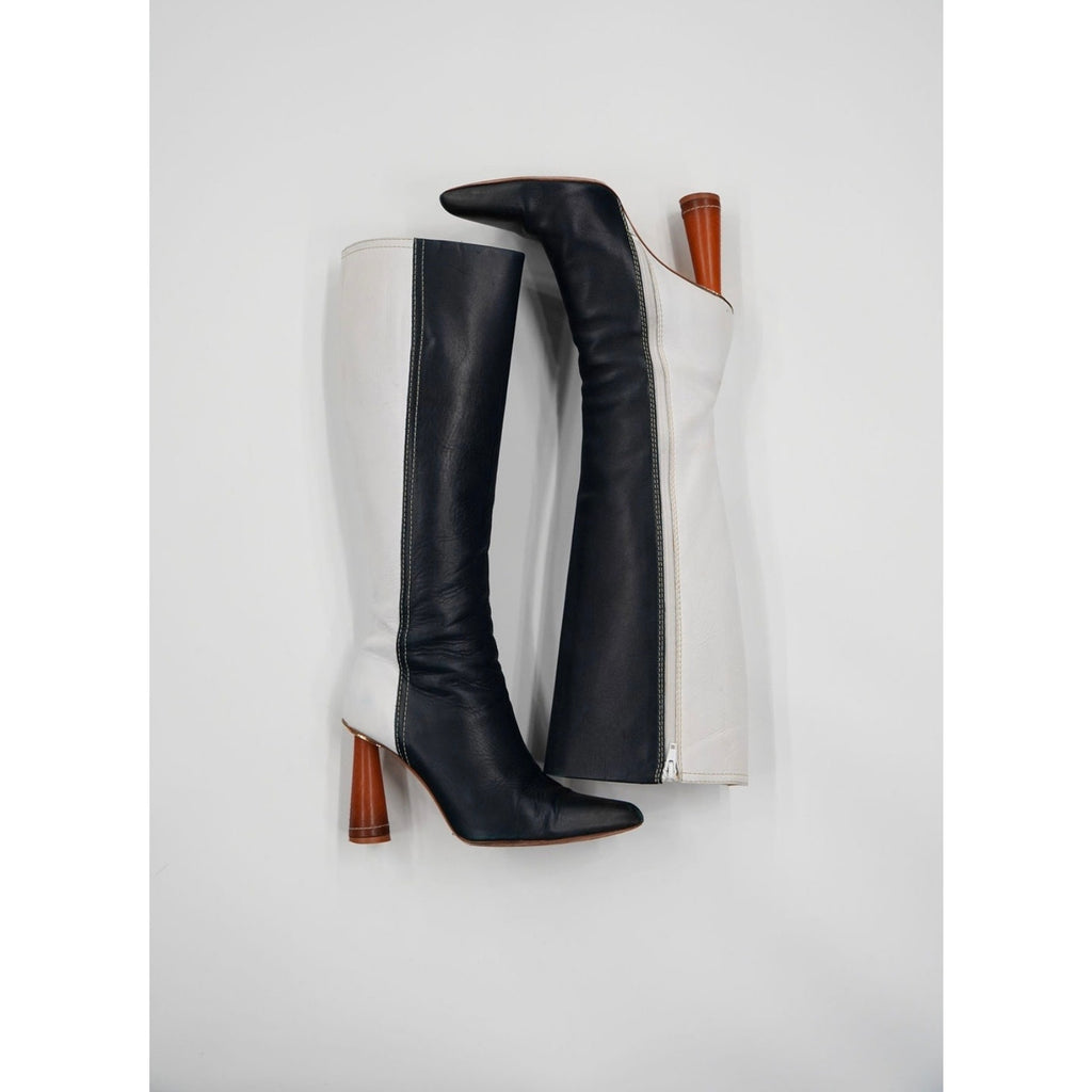Blue & White Leather Knee-High Boots