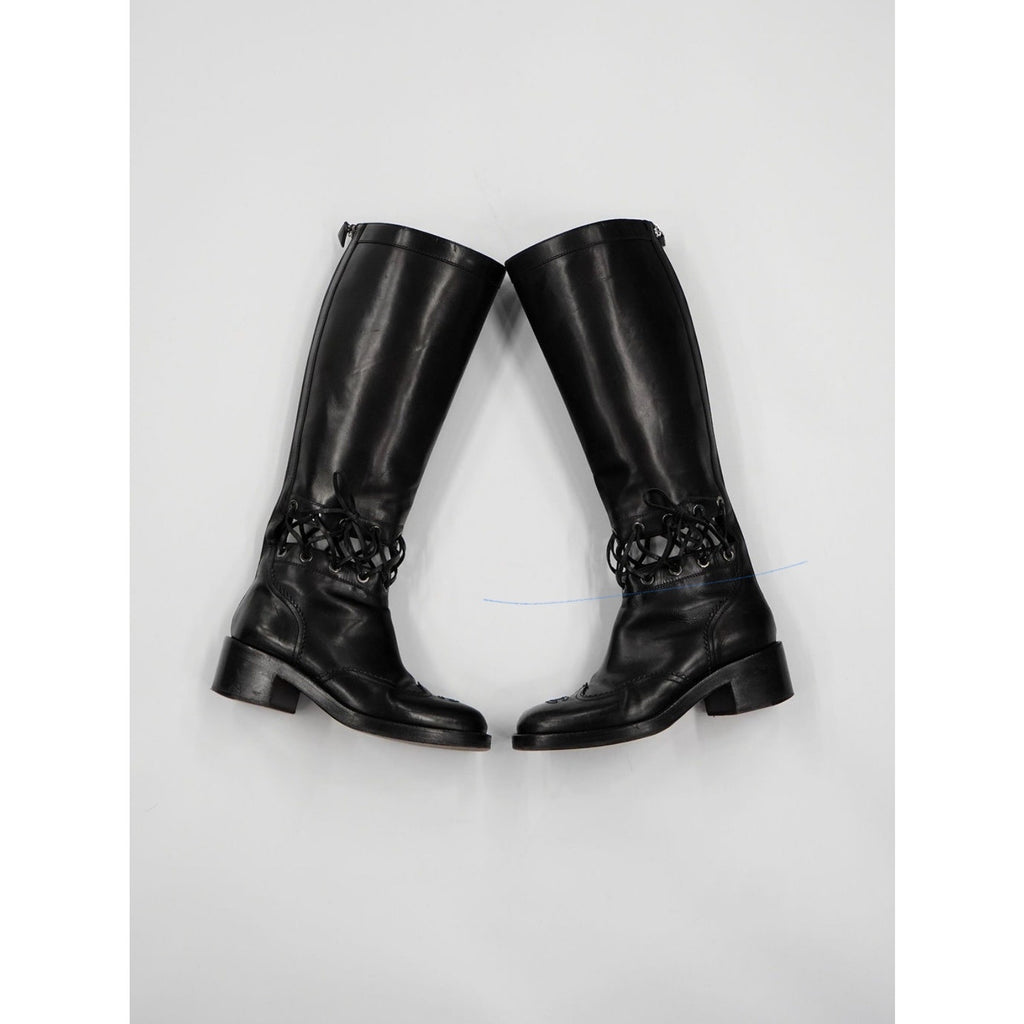 Black Calfskin Interlocking CC Riding Boots