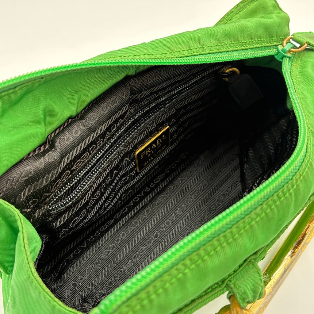 Vintage Green Nylon Mini Hand Bag Gold Hardware