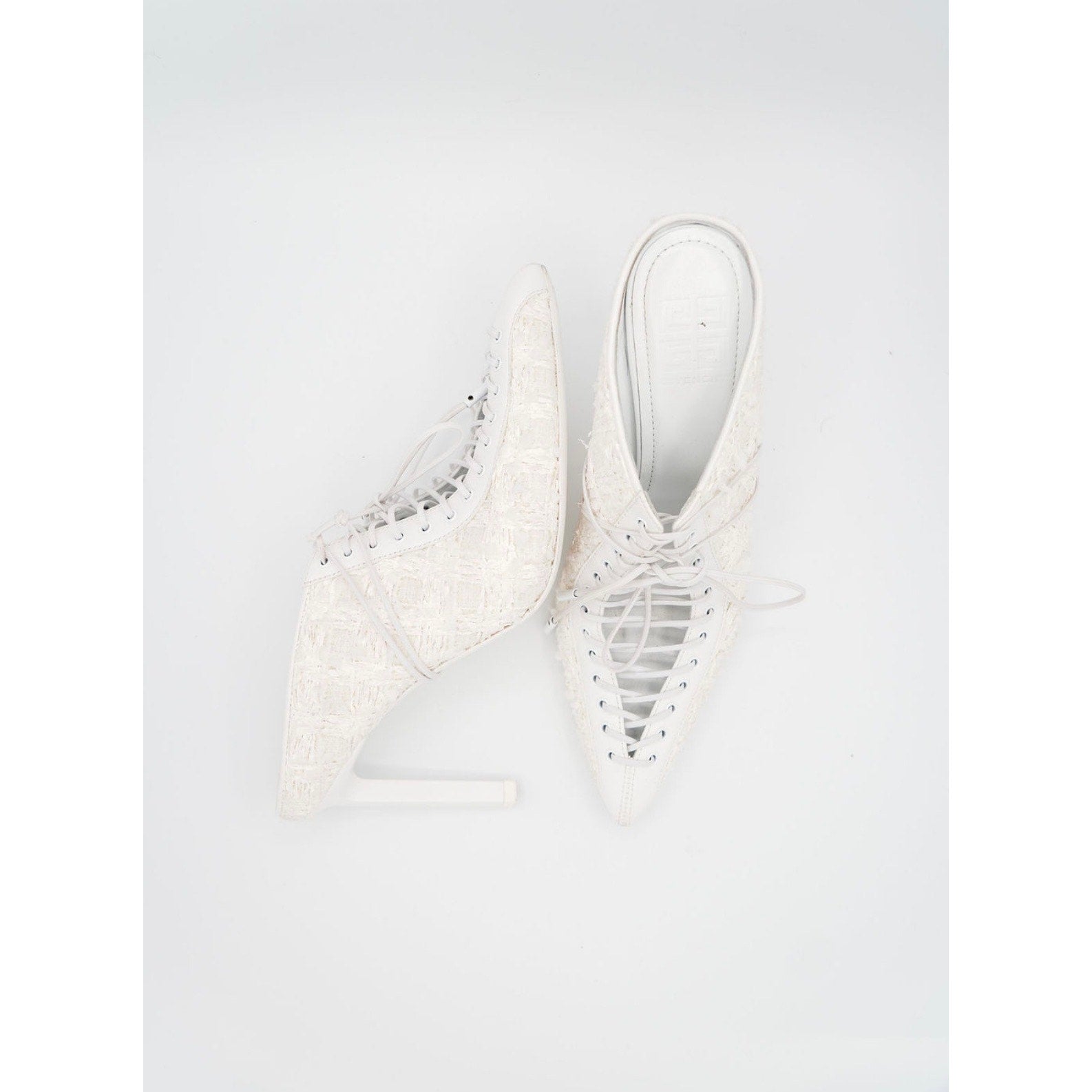 White Pointed-Toe Lace-Up Tweed Mules