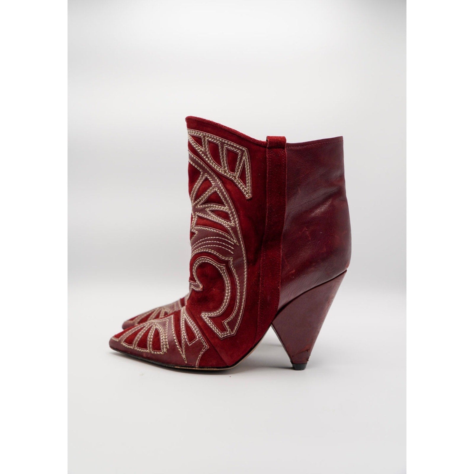 Suede & Leather Red Embroidered Ankle Bootie