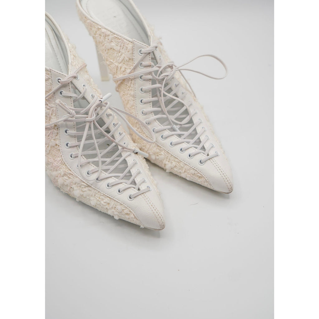 White Pointed-Toe Lace-Up Tweed Mules