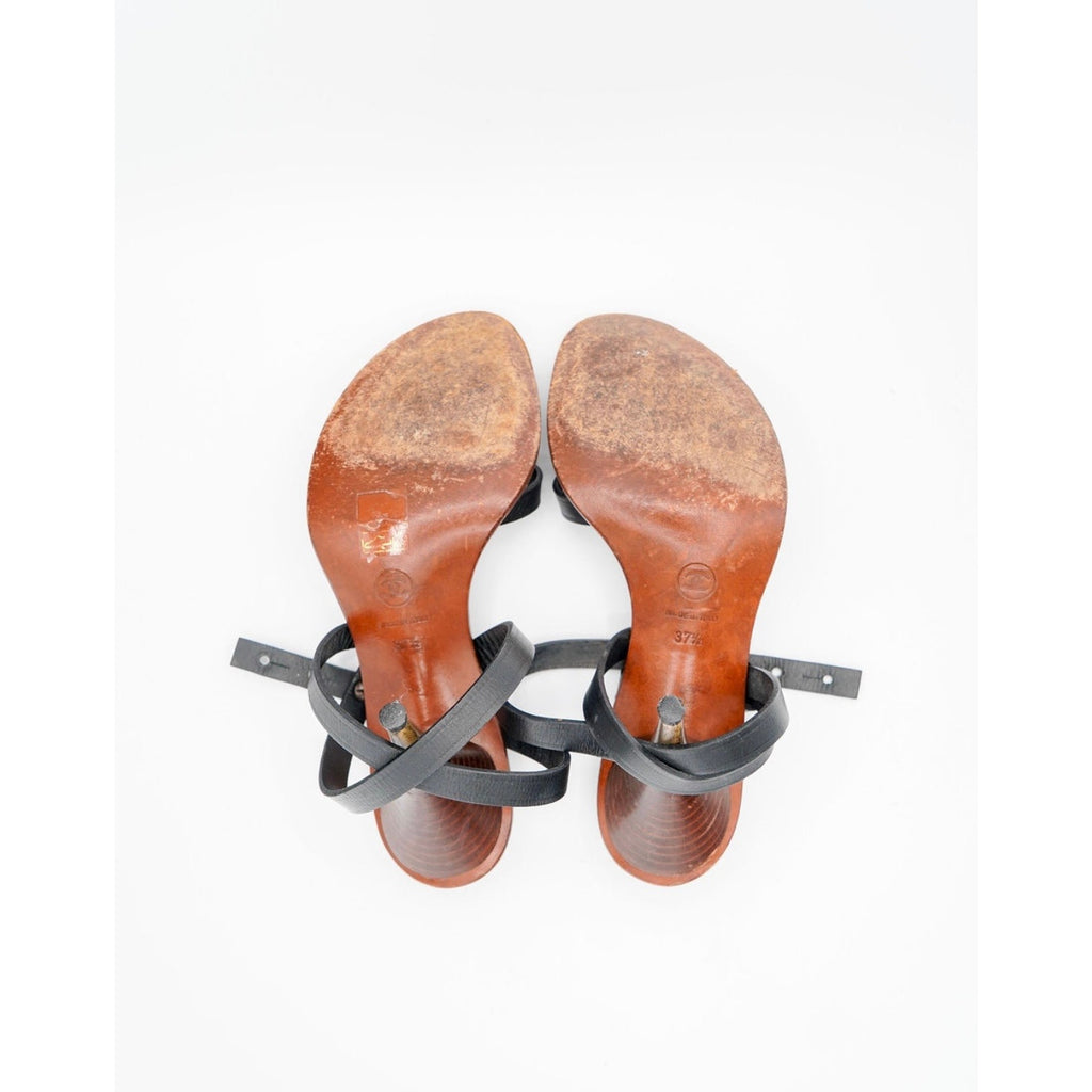 Vintage Black Leather Interlocking CC Strappy Sandals