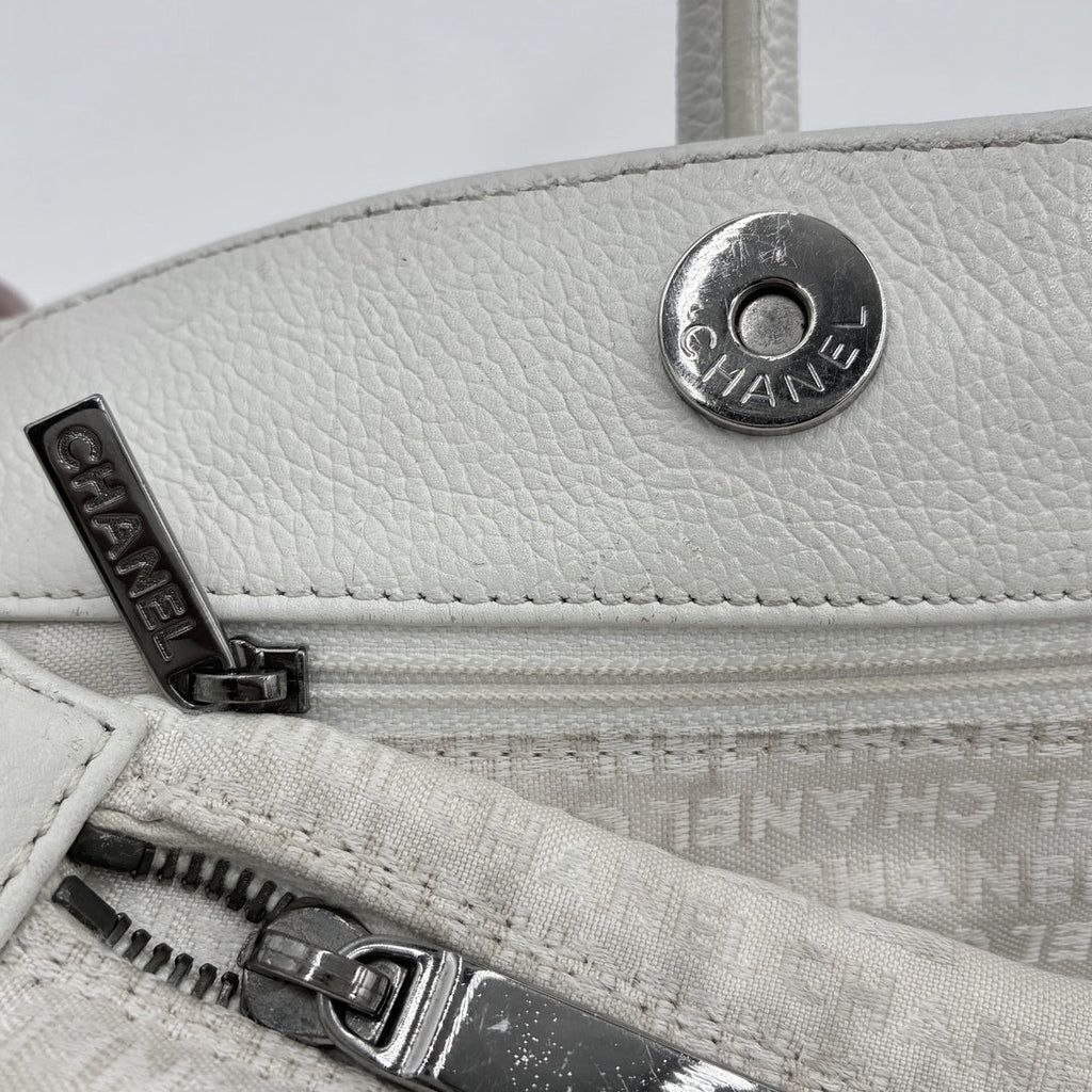 Executive Tote White Caviar Leather Silk CC Twilley