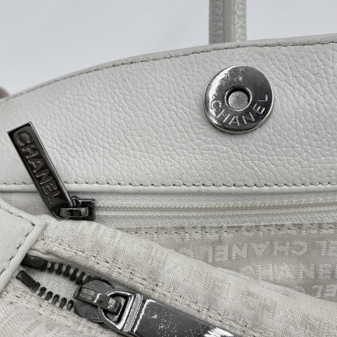 Executive Tote White Caviar Leather Silk CC Twilley