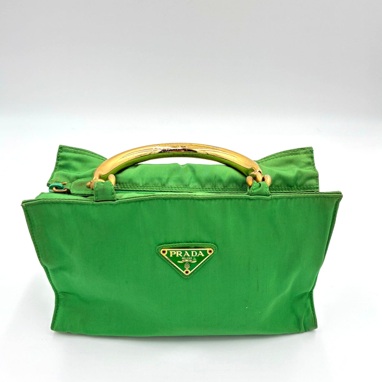 Vintage Green Nylon Mini Hand Bag Gold Hardware