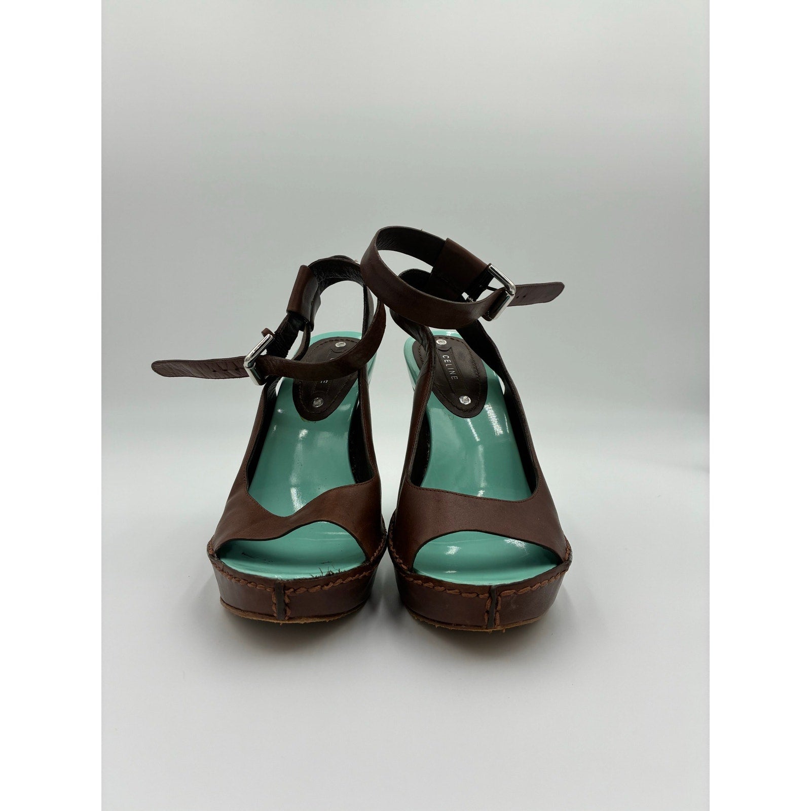 37 Vintage Brown Leather Slingback Platform Heels