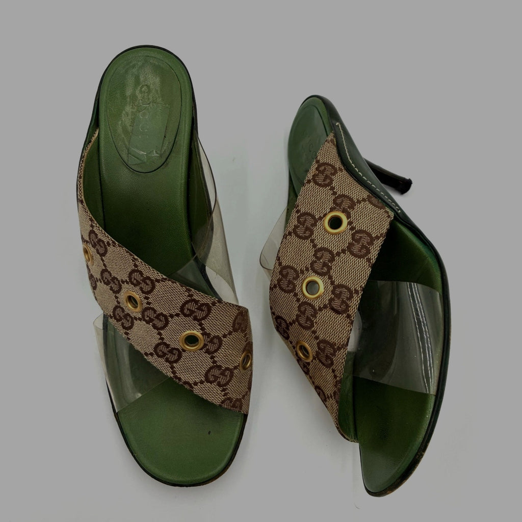 8.5 Vintage GG Monogram Canvas PVC Green & Brown Mules