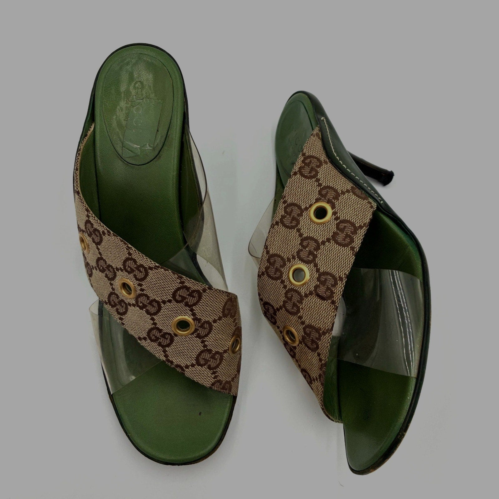 8.5 Vintage GG Monogram Canvas PVC Green & Brown Mules