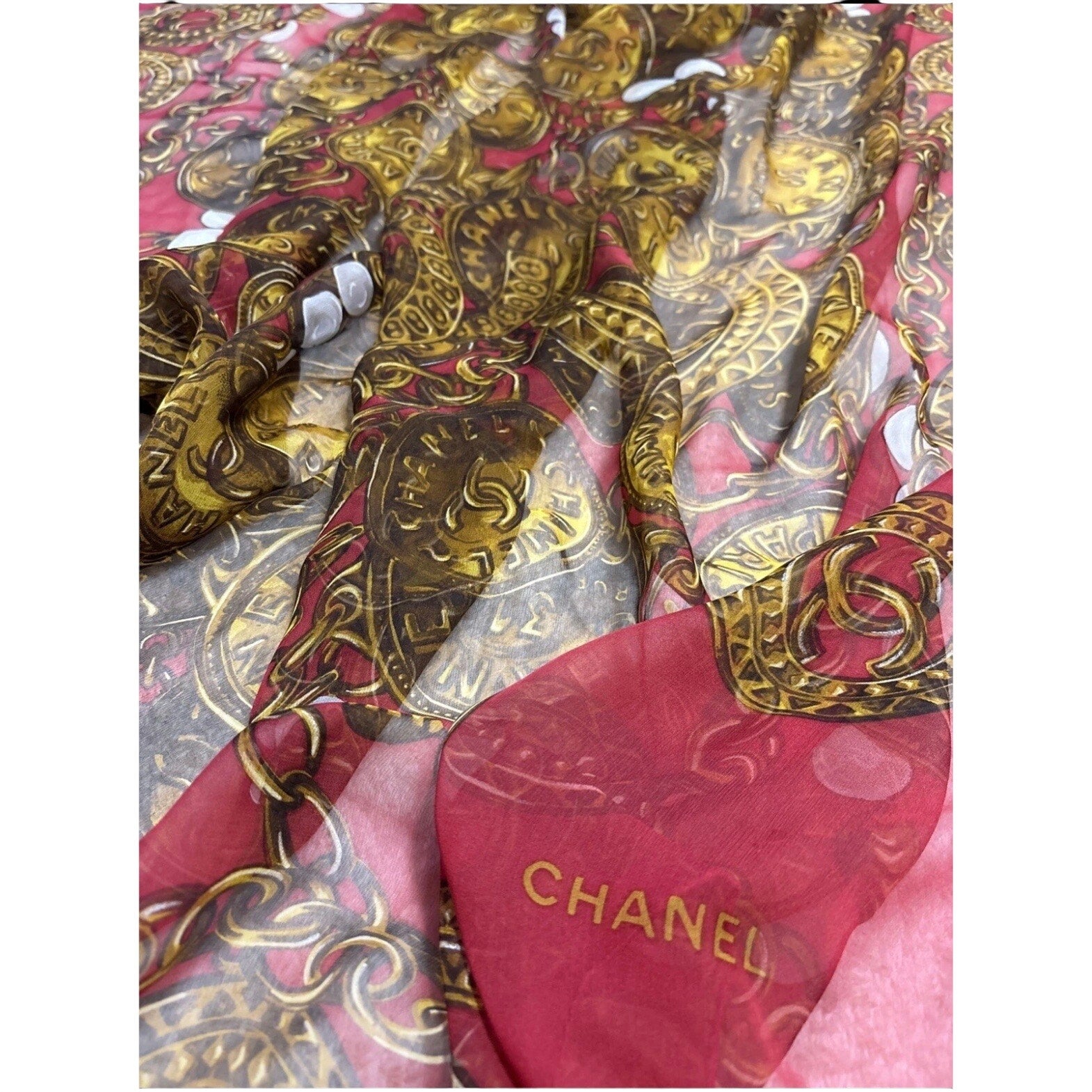 51" Vintage Silk Chain & Coin Red & Gold Square Scarf