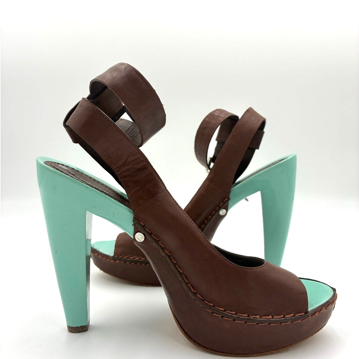 37 Vintage Brown Leather Slingback Platform Heels