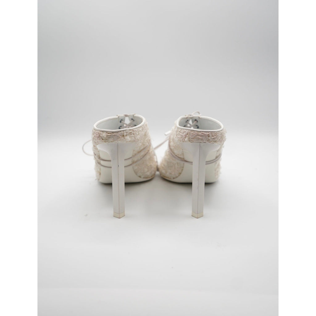 White Pointed-Toe Lace-Up Tweed Mules