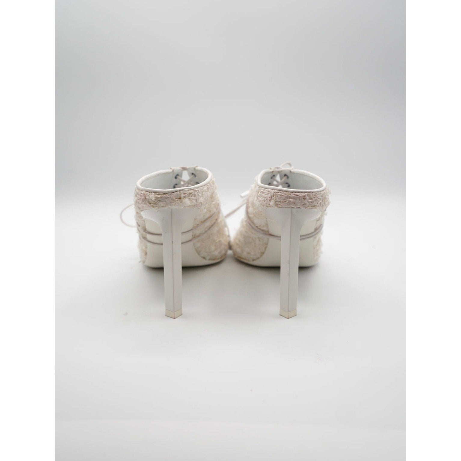 White Pointed-Toe Lace-Up Tweed Mules