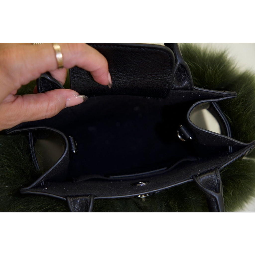 Mya Green Faux Fur Trimmed Black Leather Crossbody Bag